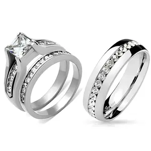Lanyjewelry 3-Piece Tarnish-Free Couple Jewelry Set - Women's 7x7mm Princess Cut CZ Solitaire Engagement Ring, Men's All-Around CZ Band, Bridal Engagement Ring, Solitaire Engagement Rings