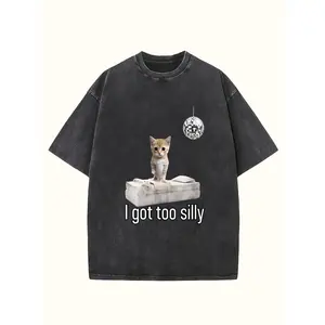 Mens Summer Short Sleeve T Shirt Black Washed  230g Heavyweight Funny Silly Cat Graphic Print Vintage Casual Loose Top for Streetwear Party Wear