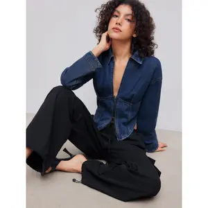 Cider [size 0-10] Denim Collar Solid Corset Zipper Jacket