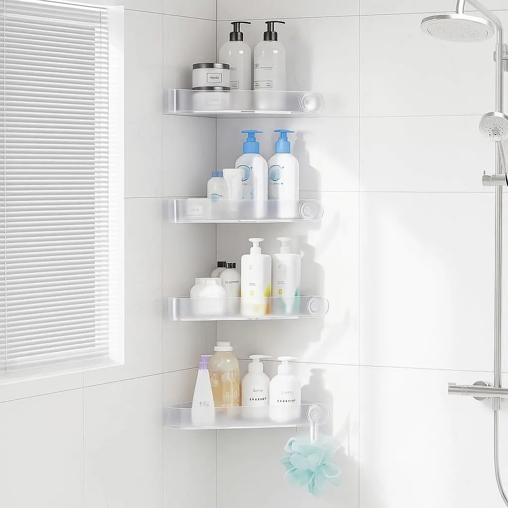 Sotfamily Plastic Shower Caddy Corner (for 90° Only), 4 Pack, Frosted Clear | Adhesive Corner Shower Shelves for Bathroom Organizers and Storage, Bathroom Decor, No Drill, Rust Free