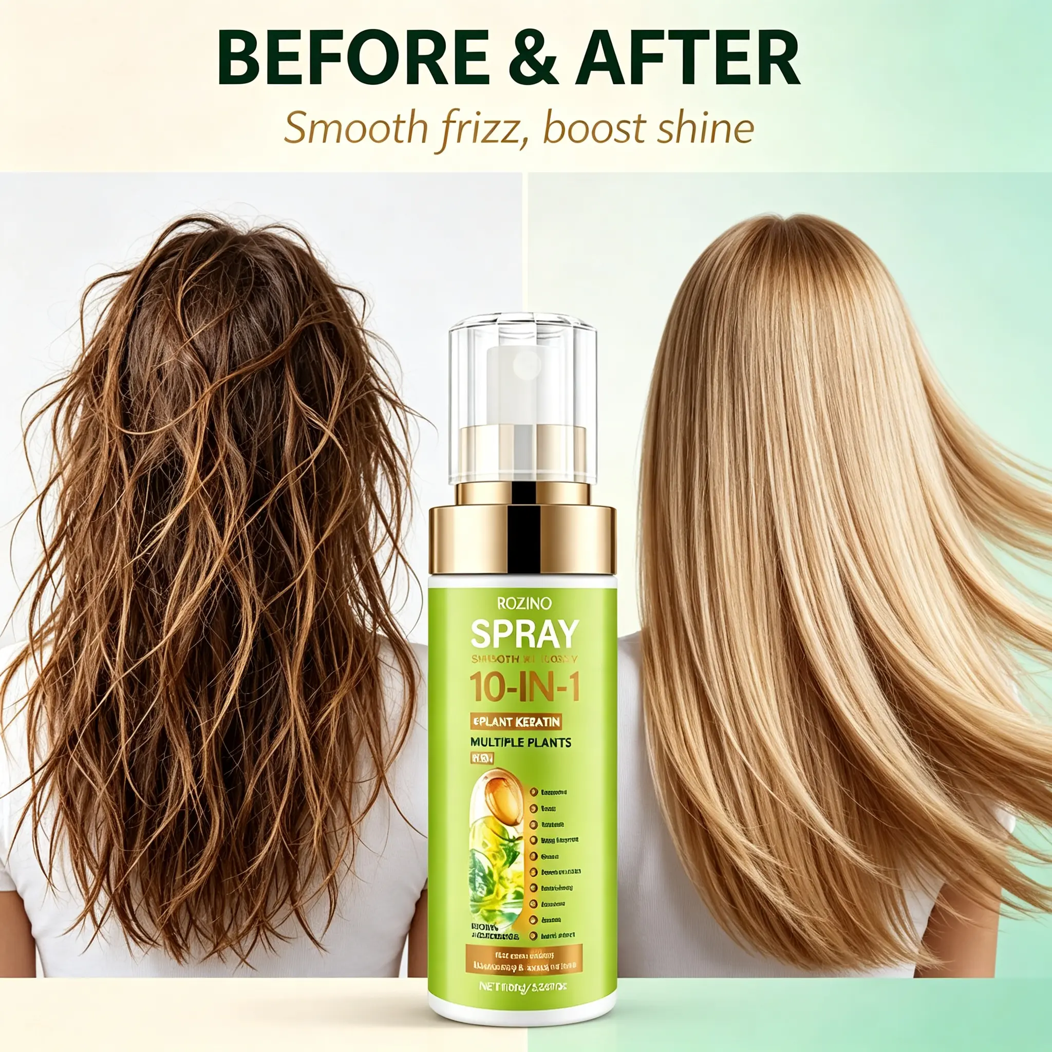 ROZINO 3.38 fl oz 10‑in‑1 Hydrating Hair Spray, Plant Keratin Leave‑In Heat Protectant Spray, Infused with Jojoba & Coconut Oil, Frizz Control, Boost Shine & Moisturize, Hair Care for All Hair Types