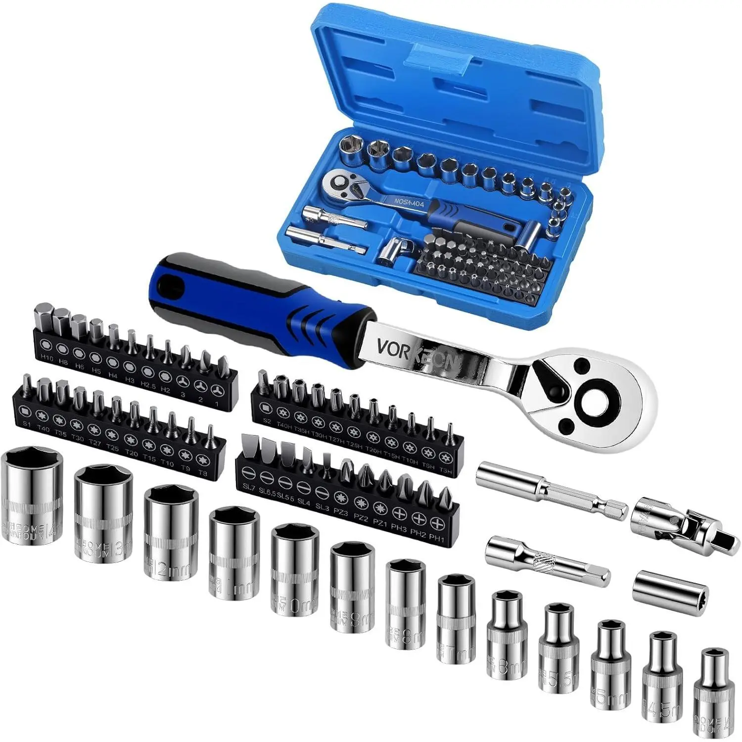 62-Piece 1/4" Drive Sockets with 72-Tooth Ratchet Wrench Set, Metric Sockets 4-14mm, 44 Screwdriver Bits, Universal Joint, Extension Bar, Storage Case