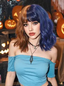 Halloween Wig Short Hair with Bangs, 12 Inch Natural Style, Wavy Synthetic Hairpiece, Suitable for Girls Daily Wear, Holiday Role Play and Parties