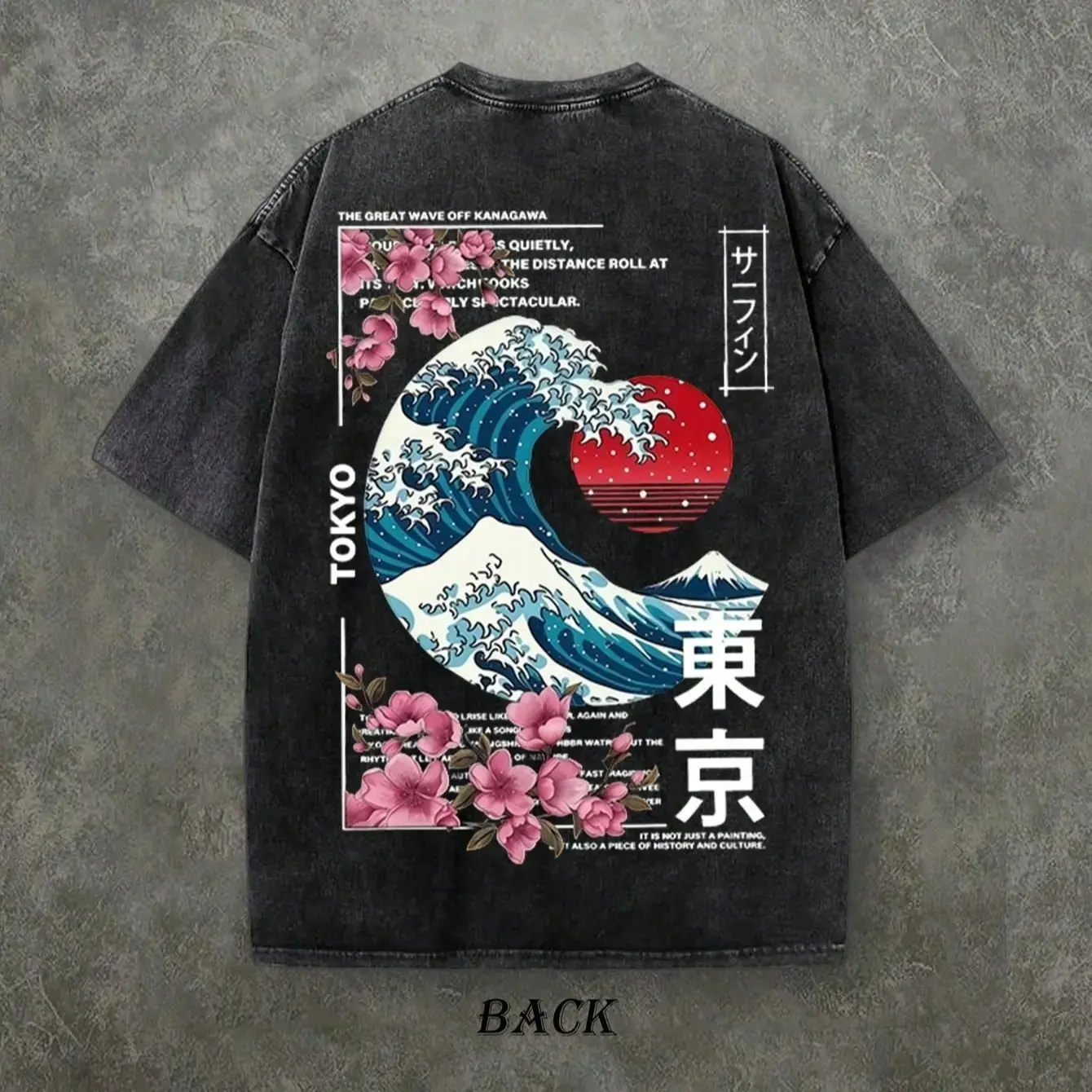 Vintage Washed Black Tokyo Great Wave Cherry Blossom T-Shirt, Japanese Kanji Mount Fuji Back Print Aesthetic Streetwear Tee, Trendy Asian Art Casual Top