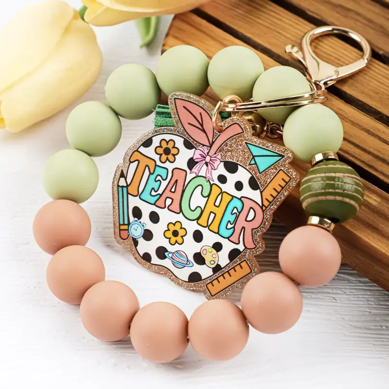 Teacher Beaded Wristlet Keychain, Apple Shape Acrylic Keychain, Teacher Appreciation Gift, Silicone Beaded Key Ring, Back to School Gift, Keychain Accessory, Keychain For Bags