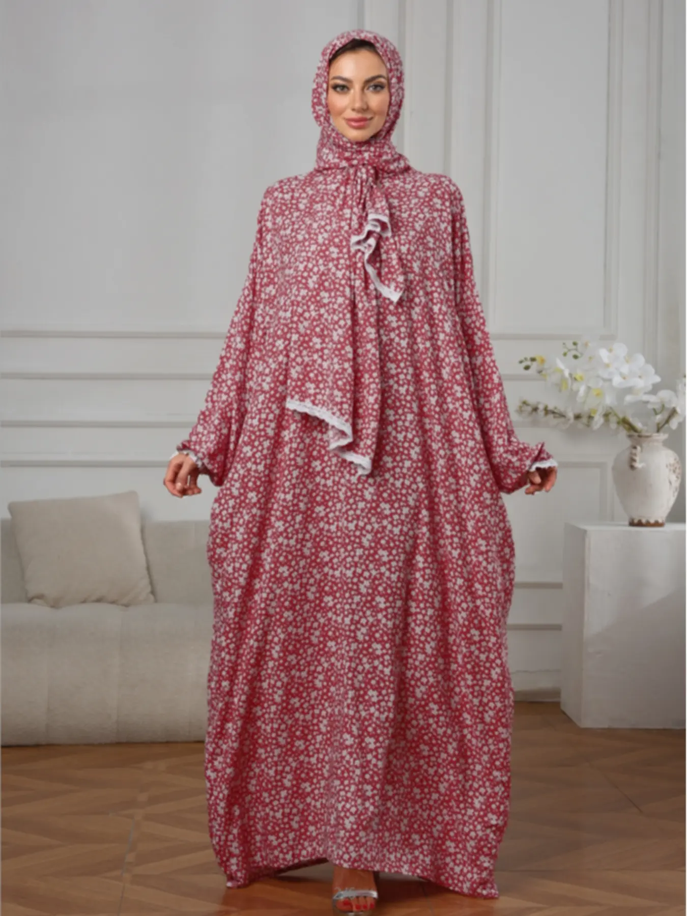 Muslim Women's Soft Breathable Hijab Dress For Muslim, Muslim Women Gowns, Modest Style Dress, Islamic Modesty Clothes, Muslim Clothing, Muslim Dresses, Lace Trim Floral Print Long Robe, Loose-Fitting Woven Fabric, All Seasons Wear