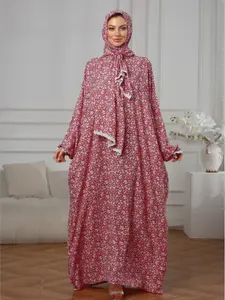 Muslim Women's Soft Breathable Hijab Dress, Muslim Women Gowns, Modest Fashion, Lace Trim Floral Print Long Robe, Loose-Fitting Woven Fabric, All Seasons Wear