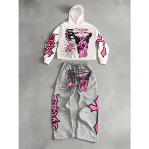 TikTok Sensation! Black Hoodie & Sweatpants Set with Eye - Catching Pink Angelic Prints, Ideal for Streetwear and Casual Fashion(Raincoats)