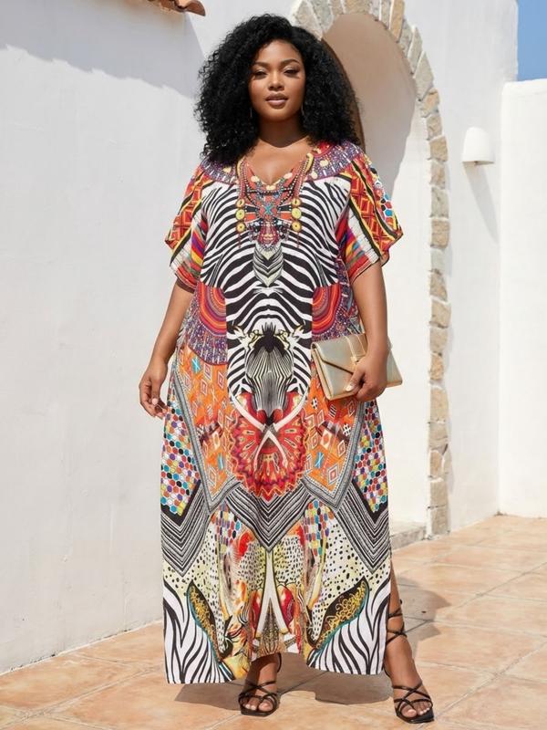 EDOLYNSA kaftans for woman oversized Moo Moo Dress printing Beach Holiday Dress beach wear vacation lounge around cover up party casual outfits muumuu caftan Comfy Homewear versatile Robe Q1469