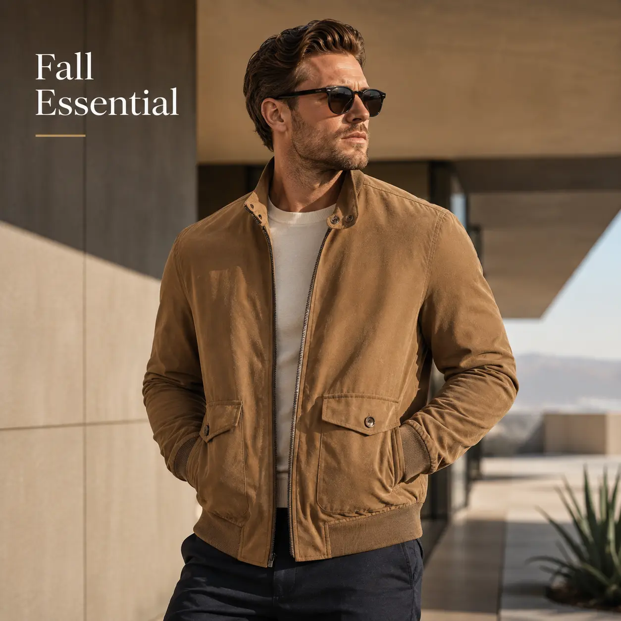 Men's Lightweight Utility Bomber Jacket, Tan Stand Collar Full Zip Windbreaker Style Coat with Dual Flap Pockets, Button Collar, Ribbed Cuffs & Hem, Modern Minimalist Casual Business Streetwear Outerwear for Spring Fall Work Commute Travel Daily Wear