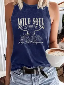 Women's Bull Head Faith Pattern Sleeveless Fitted Vest, Casual Elastic Round Neck Top, Summer Fashion Breathable Fabric, Womenswear