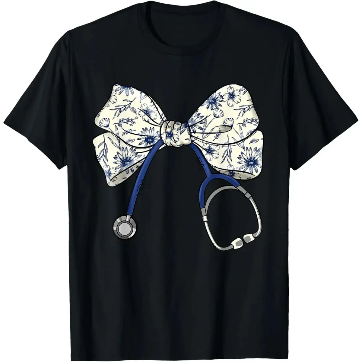 Short Sleeve Floral Blue Coquette Bow Nurse Stethoscope Nursing Doctor Graphic T-Shirt Black Fashion Apparel Summer Graphic Tees Freaky Pattie Gonia Merch