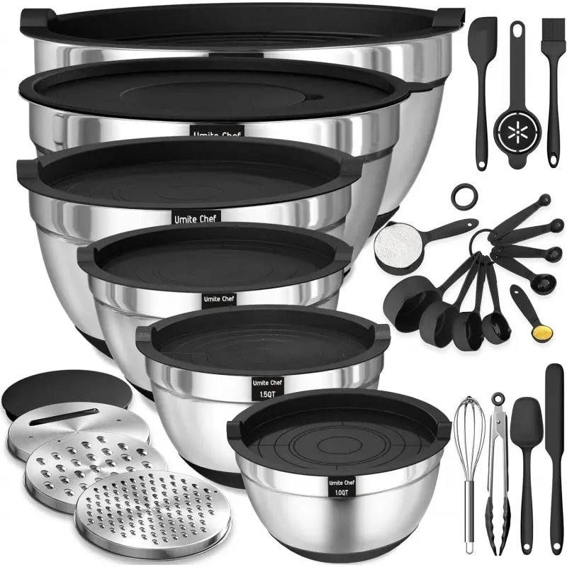26-Piece Stainless Steel Bowl Set for Camp Kitchen, Tableware with Lids, Non-Slip Base, 3 Grater Attachments, Stacking Bowls with Multi Sizes (1-7 QT) for Food Prep & Serving, Metal Mixing Bowls With Lids