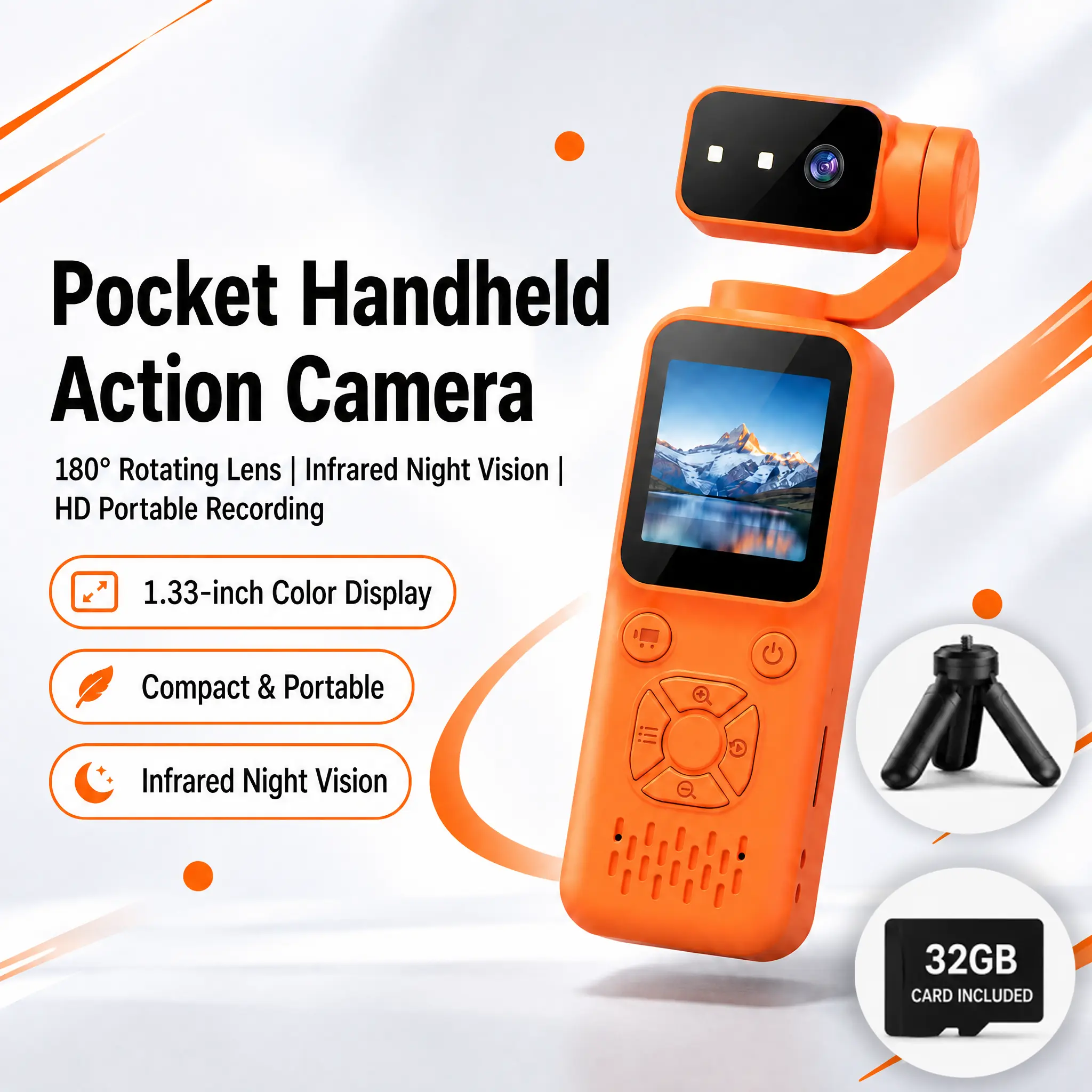 Pocket Handheld Action Camera, 180° Rotatable Lens, 1.33-in HD Color Screen, Infrared Night Vision Portable Vlog Video Recorder, 1-Hand Control with 1/4-in Tripod Mount for Outdoor Travel Recording