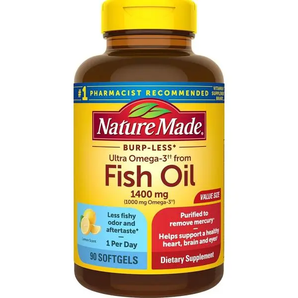 Nature Made Burp Less  Omega 3, 1200 mg Softgels, 60 Softgels | EPA DHA Omega 3Supplements for Healthy Heart Support, 30 Day Supply