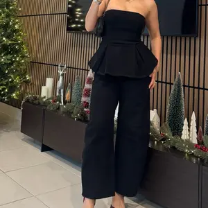 Black Two-Piece Set Strapless Structured Peplum Top & Baggy Jeans Chic Tailored Casual Look