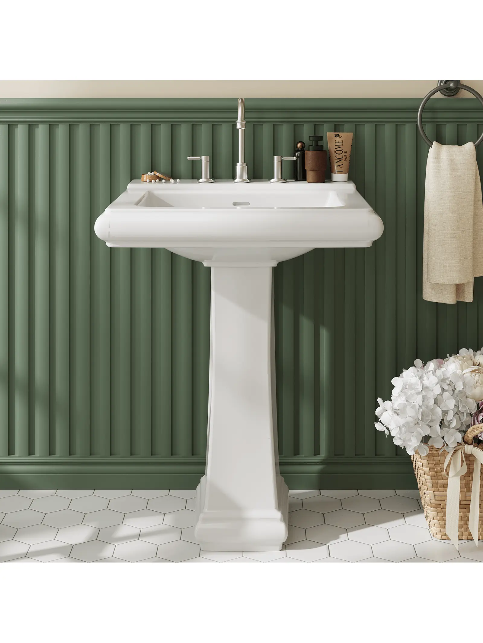【Christmas Gift】Bathroom Pedestal Sinks,Rectangular Pedestal Sink 26" W X 20" D Modern White Ceramic Pedestal Bathroom Sink With Overflow And 3 Pre-Drilled Holes- Fits 4-Inch Faucets/ Fits 8-Inch Faucets