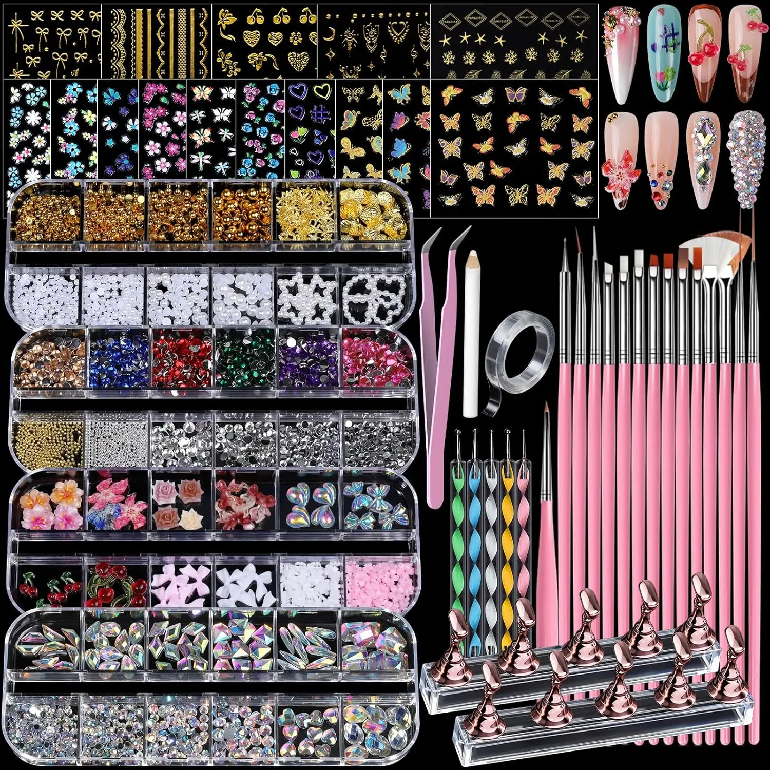 4 Boxes Nail Charms and Gems Set, Nail Rhinestones Nail Kit with Nail Art Brushes Nail Stand, Nail Gems Nail Design Tools with 15pcs Nail Stickers, Gold Nail Pearls for Women Nail Decorations