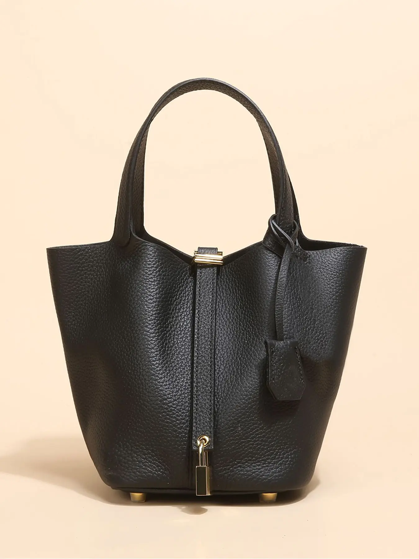 Genuine Leather Lock Design Bucket Bag Vegetable Basket