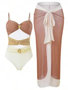 Women's Colorblock Bustier Bikini Set, Casual Fashion One-piece Swimsuit & Cover Up Skirt Set, Ladies Swimwear for Beach Holiday Vacation, Bathing Suits, Color Block Swimsuits