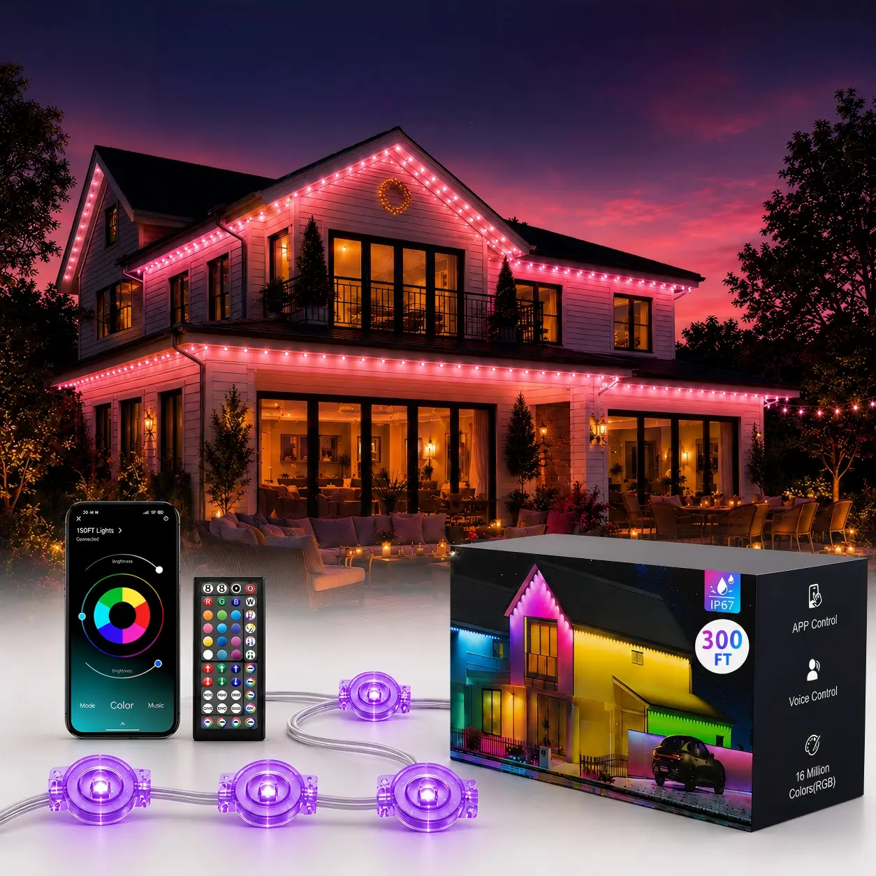 Smart RGB LED Strip Lights - IP67 Waterproof Permanent Outdoor Continuous WiFi LED RGB Lights for Home Christmas & Holiday Decorations, Wifi Led Strip