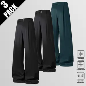 Men’s pleated wide-leg trousers Men’s pleated wide-leg suit pants with D-ring buckle Flowing suit pants for men, casual/formal High-waisted flowy wide-leg dress pants for men Adjustable D-ring waist pleated casual commuter trousers for men