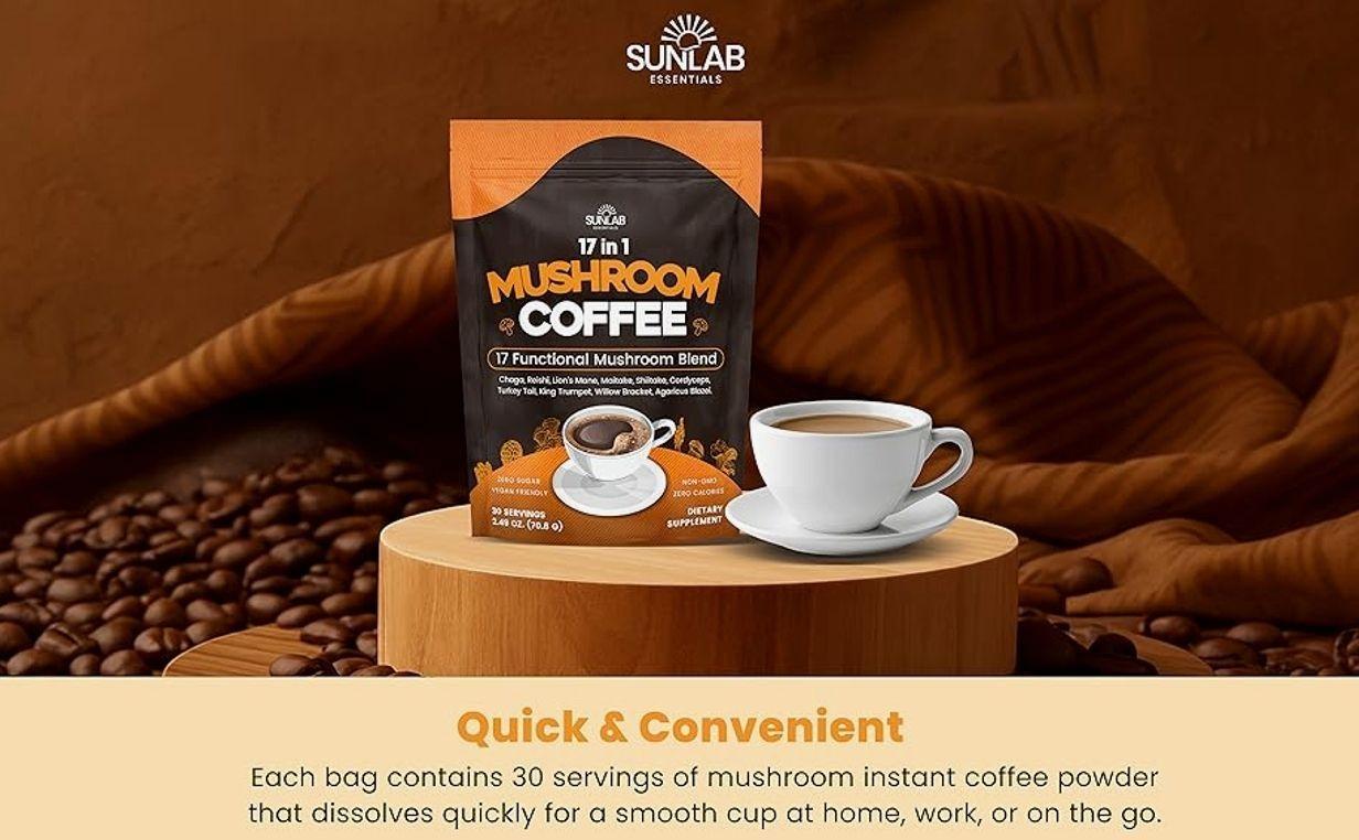 Organic Mushroom Coffee 17 Functional Mushroom Blend (Lion's Mane, Reishi, Chaga, Cordyceps, Turkey Tail & More) Gourmet Arabica Instant Coffee for Immunity, Focus & Energy - USA Made - 30 Servings