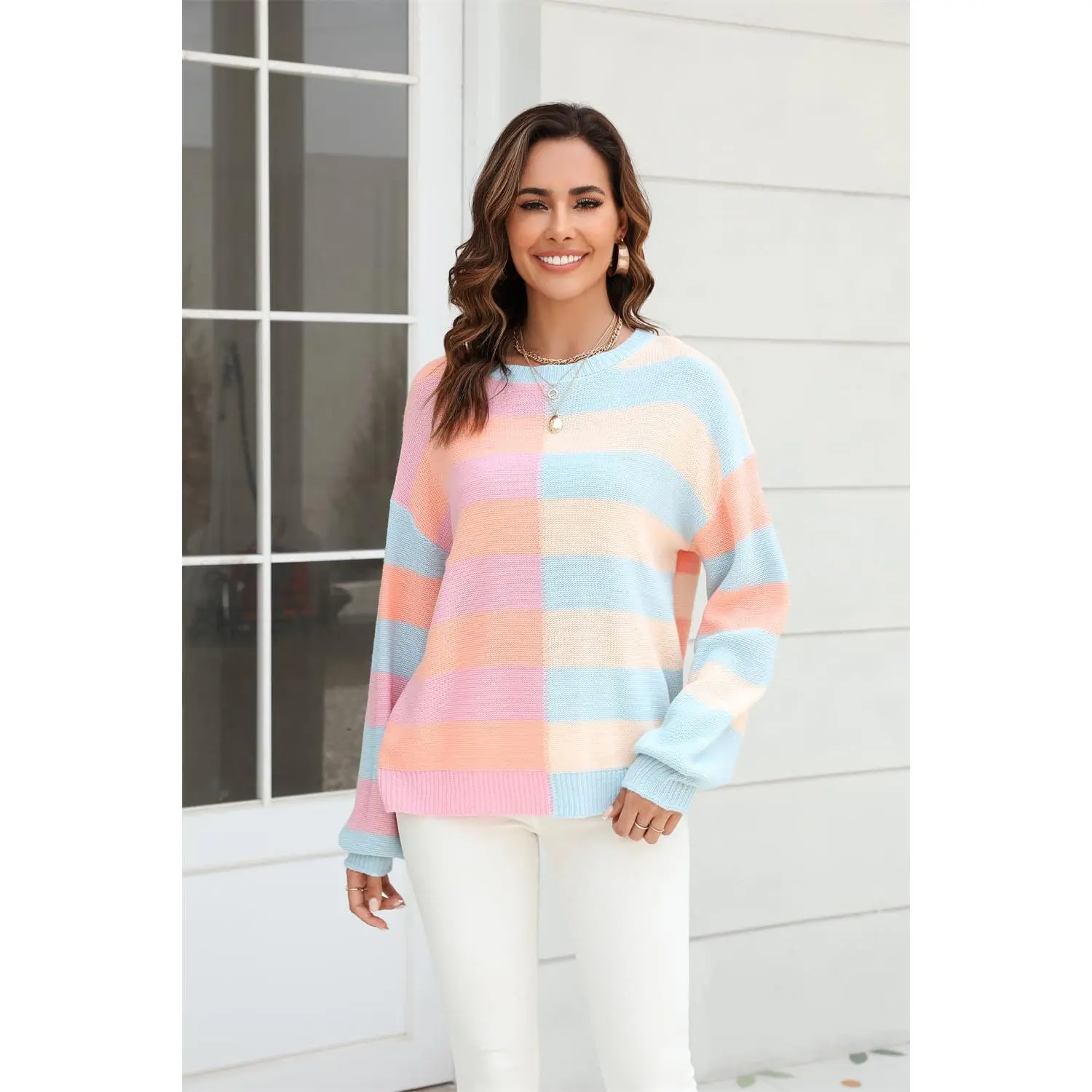 Round Neck Long Sleeve Color Block Dropped Shoulder Pullover Sweater