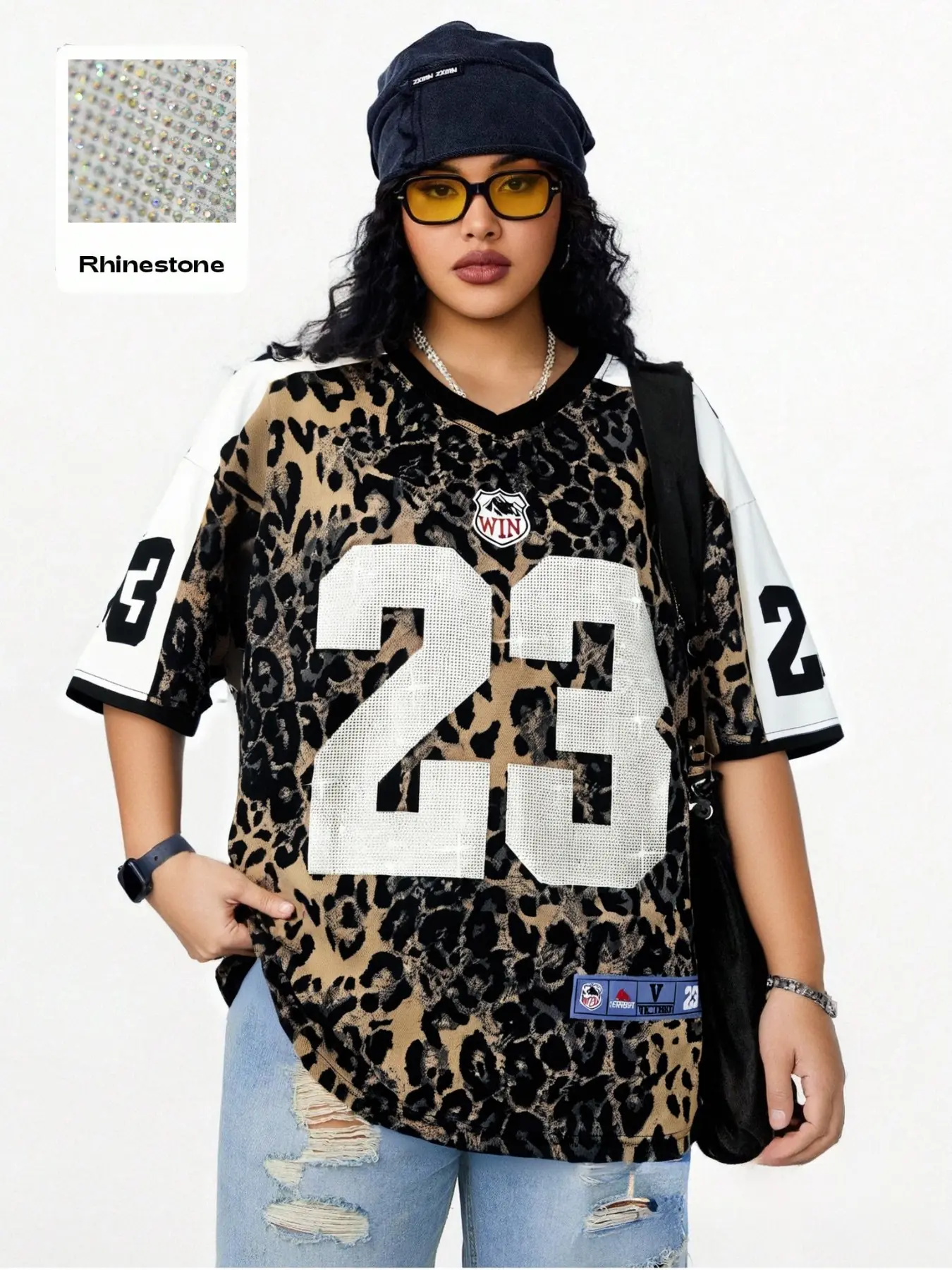 Women's American Retro Loose-Fit T-Shirt, Summer Casual Baseball Jersey, Rhinestone Letter Design, Unisex Sports Wear, Sportswear For Summer, Sports Top, Athletic Tops, Casual Sporty Top, Throwback Jersey