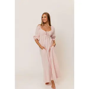 Cecilia 100% Cotton Smocked Maxi Dress in Pale Pink Foliage - Bump Friendly