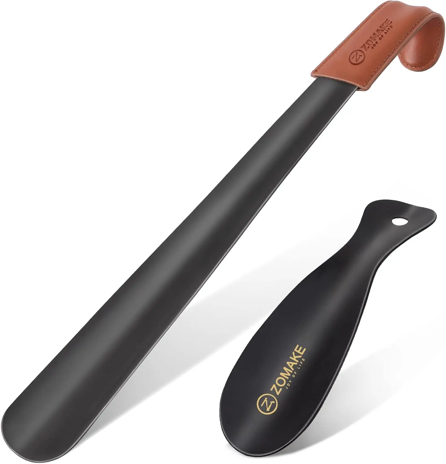 ZOMAKE Shoe Horn Long Handle for Seniors Men Women, Metal Shoehorn 2Pack | 16.5" Long Boot Horn, Travel Small Shoe Spoon Helper 7.5", Sturdy Stainless Steel, Anti-Slip Leather Grip, Shoe Protection