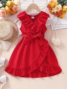 Girl's Belted A Line Dress,Elegant Ruffle Trim Long Sleeve Round Neck Dress for Party Holiday Wedding Guest, Kids Clothes for Fall & Summer Winter,Fall Outfits,Fallfreshness