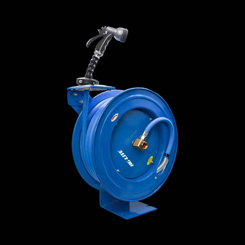 AG-Lite Rubber Water Hose Reel 5/8” x 50’ Retractable Heavy Duty, Hot/ Cold Water Hose, Spray Nozzle, 6' Lead-in Hose
