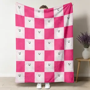 Pink Ghost Halloween Flannel Throw Blanket - Checkered Plaid, Cute Soft Cozy Warm, Kawaii Spooky Boho Design, Bedroom Decor, Girly Bedroom Decor, Fall Gift for Her, Couch Linens