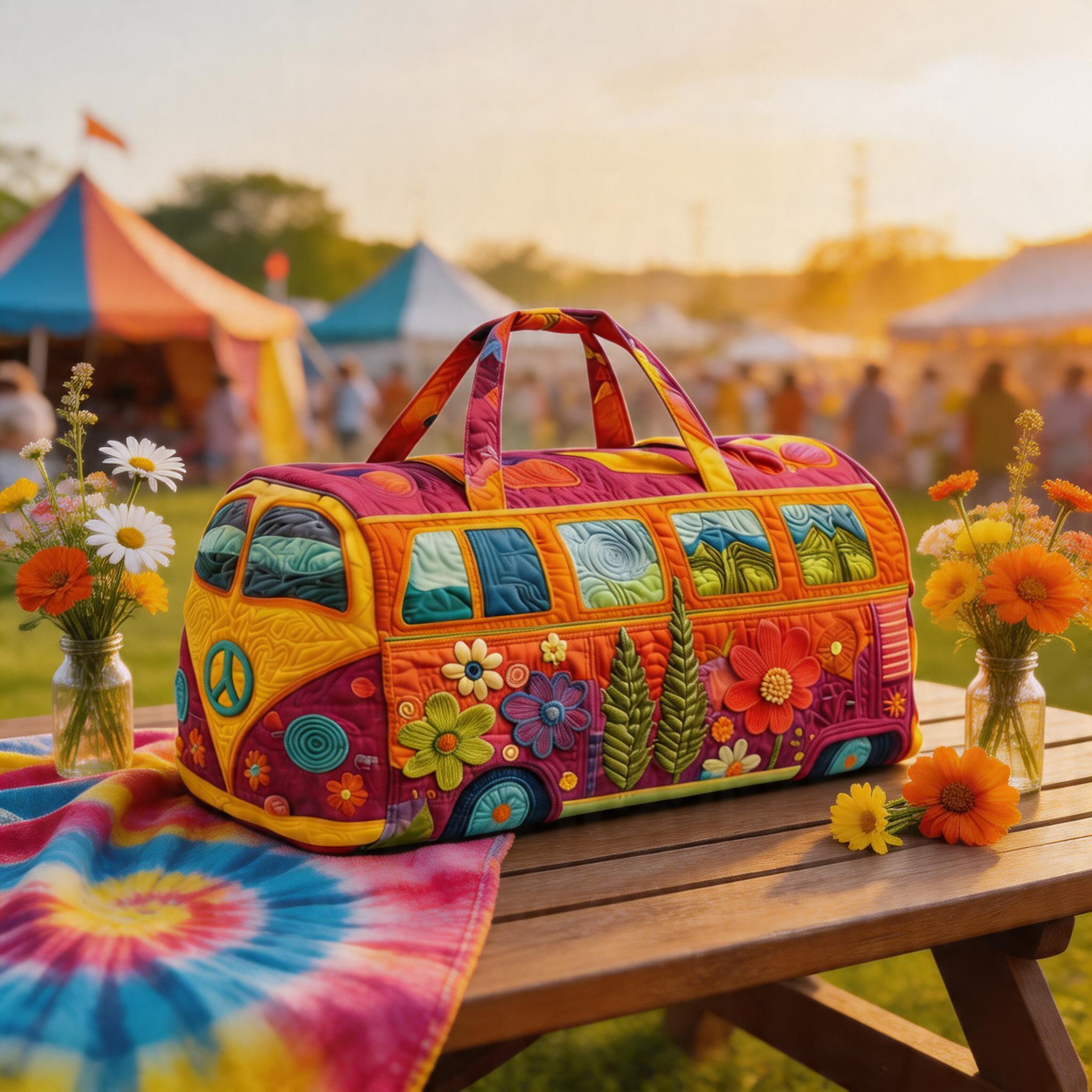 Retro style hippie bus quilted travel bag - Bohemian, high-definition printed bus bag with colorful floral patterns, weekend luggage bag, large capacity fitness bag