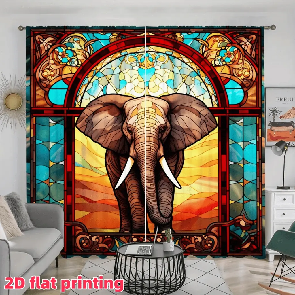 2D Flat 2Pcs elephant art window drapes, vibrant colored stained glass style curtain panels, rod pocket semi-sunshade privacy curtains for living room, bedroom, dining, study, home decoration, accessory .