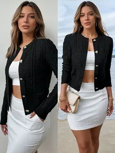 2026 Spring Plain Color Square Knit Sweater Button Open Front Coat for Women, Elegant Long Sleeve Fitted Top for Fall & Winter Knitwear Womenswear