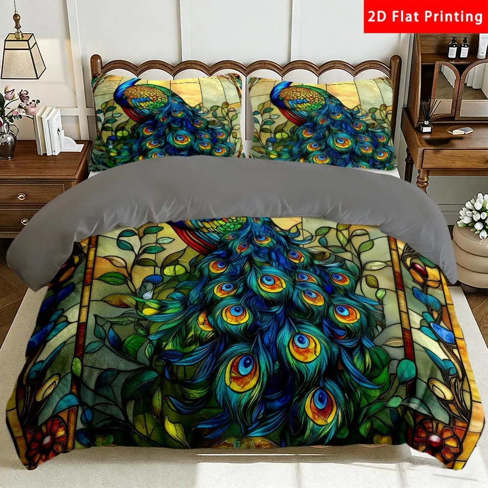 2/3 Pcs 2D Flat Stained Glass Peacock Milk Velvet Duvet Cover Set Peacock Bedding Set Quilt Cover 1 Duvet Cover + 1/2 Pillowcases Peacock Top Sheet Decorative Bedding Bedroom DecorThe Preferred Pick for Bedding