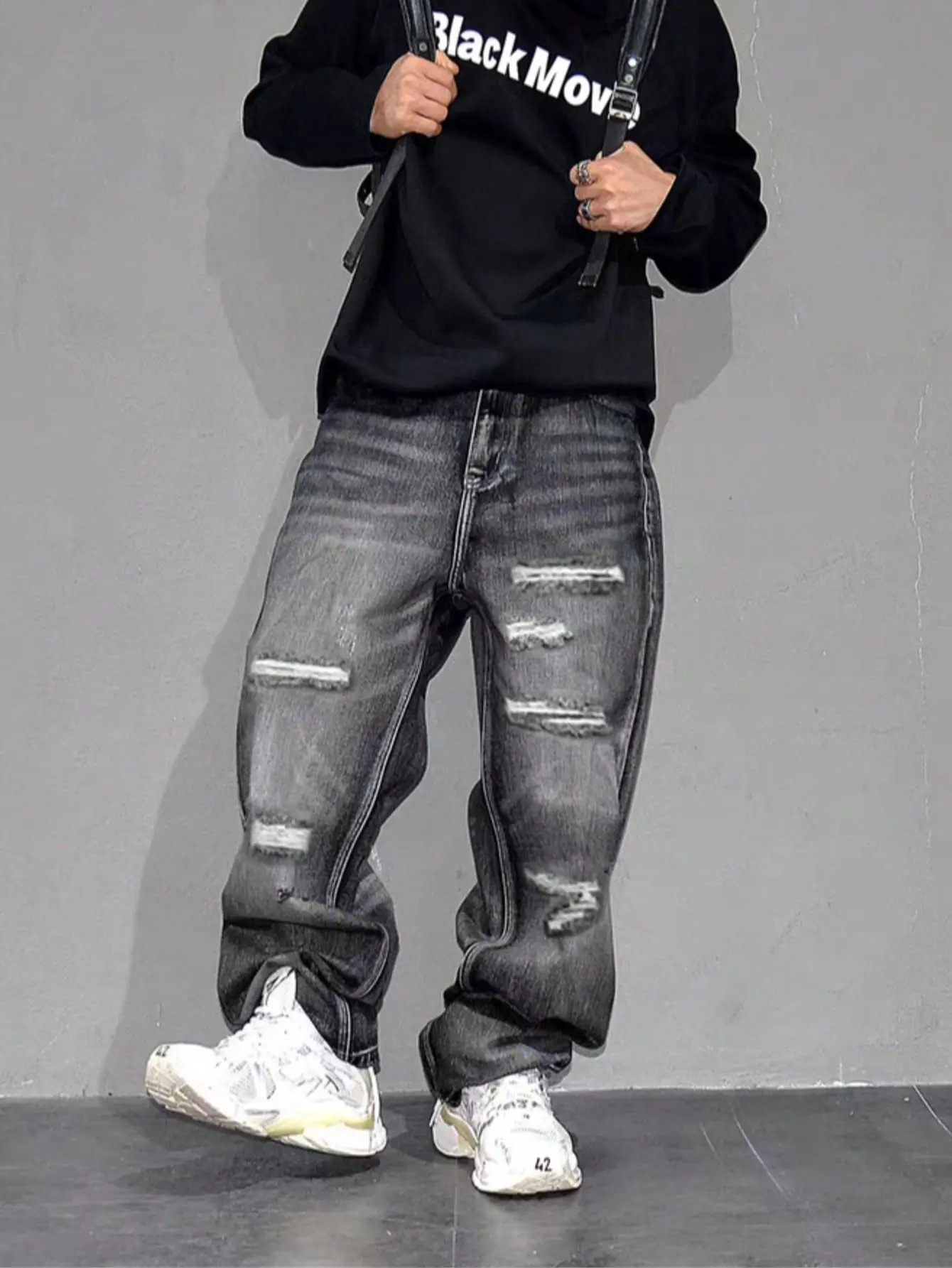 Men's Stylish Distressed Baggy Jeans Vintage Black Holes Men Straight Denim Pants Streetwear Menswear Ripped