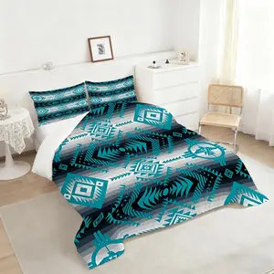 2/3Pcs Southwestern Geometric Comforter Set, Vibrant Teal and Blue Bedding Set with Quilted Design, Stylish Native American Aesthetic, Perfect for Cozy Bedrooms and Chic Home Décor, 1 or 2 Pillowcase No Pillow Core