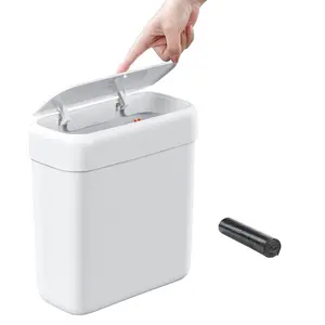 Small with Lid, 13 Liter/3.4 Gallon Slim Garbage Bin with Press Top Lid, White Wastebasket for Bedroom, Office,, RV