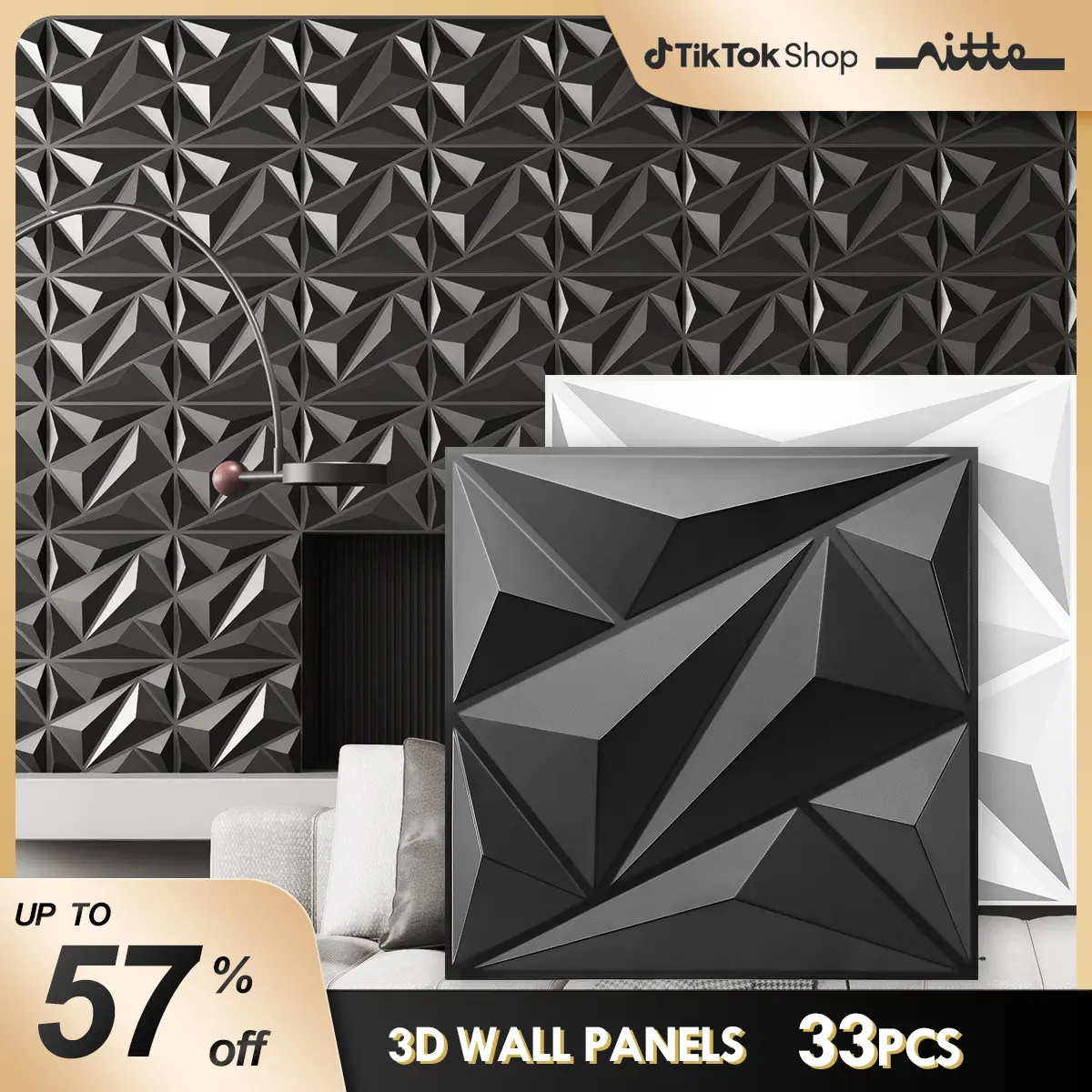 Nitte 33PCS PVC 3D Wall Panels Diamond Pattern Design 11.8"x11.8" (30x30cm) Suitable for Living Rooms Bedrooms Kitchens TV Accent Walls Feature Walls