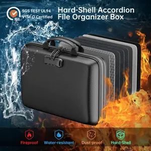 Fire-Resistant Hard Shell File Box with 13 Compartment Accordion Folder and Combination Lock, Portable for Home Office Travel, Securely Store Important Documents and Laptop