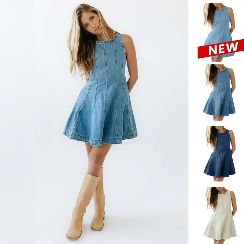 JovenPara Women's 95% Cotton Spandex Chic Cute Casual Denim Mini Dress - Sleeveless, Stretchy, Flowy Babydoll A-Line, Crew Neck, Back Zipper, 90s Fashion, Above Knee Beach-Ready Women's Clothing (Beach, School)