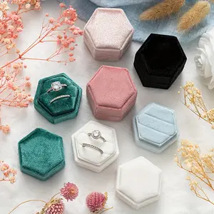 1pc Hexagonal Double-slot Velvet Ring Box, Gift Jewelry Box, Elegant Keepsake Case For Engagement Rings And Wedding Band Sets, Proposal Marriage Ring Holder