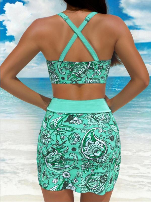 Women's Floral Print Swimsuit Set, Drawstring Swimsuits, Twist Front Bikini, Boho Tie Side Bikini Top & Bottom & Cover Up Skirt Set, Beach Vacation Swimwear Set for Women, Floral Print Bikinis