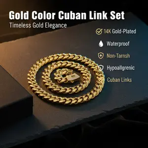 Men's 14K Gold-Plated Cuban Bracelet & Necklace Set, 6-14mm Sizes, Waterproof, Non Tarnish, Hypoallergenic, Timeless Shine, Everyday Confidence, Cuban Links Necklaces, Valentine's Day Gift Idea, Rapper Chain stainless steel jewelry zircon clasp