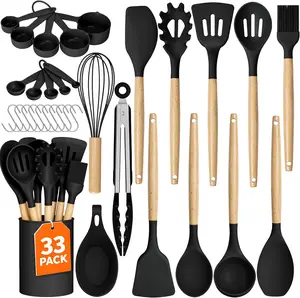33 PCS, Heat-Resistant Silicone Cooking Utensils Set with Wooden Handle