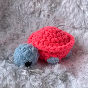 Handmade Crochet Turtle Plush - pink Shell with Blue Feet Soft Toy for Kids