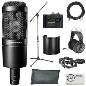 Audio-Technica AT2035 Cardioid Condenser Microphone Bundle with Audio Interface + Studio Headphones + Microphone Stand + Pop Filter + XLR Cable + Cleaning Cloth (7 Items)